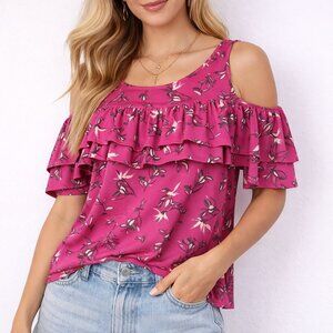 Lane Bryant Cold Shoulder Ruffle Floral Fuchsia Pink Blouse Top Womens Size 4X